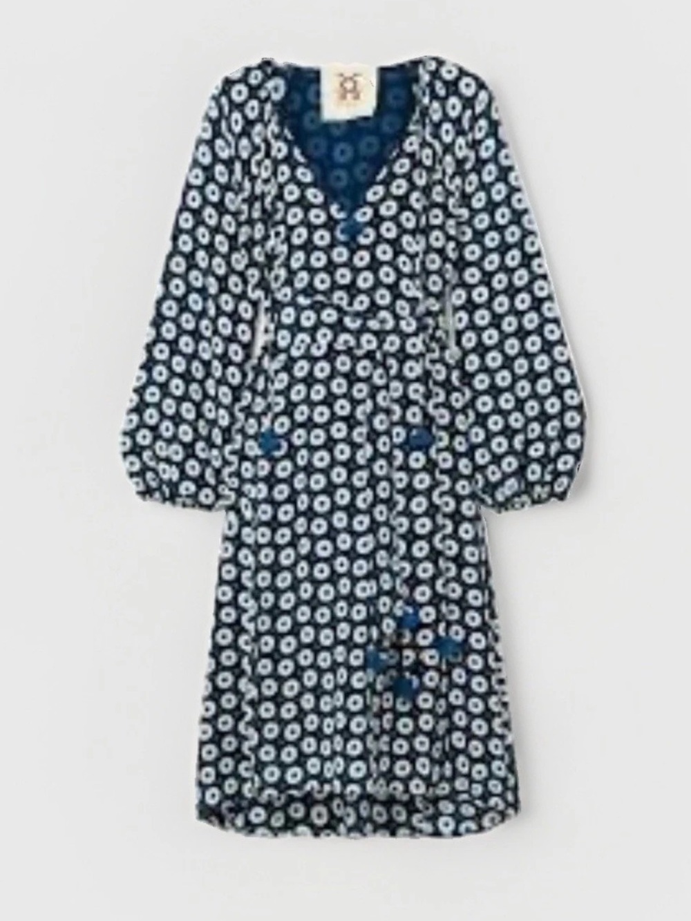 Figue Vivian Silk Dot Print Dress XS Blue White Midi Tassel No Belt Evil Eye